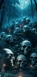 Eerie skulls in a candlelit forest wallpaper with dark teal hues.