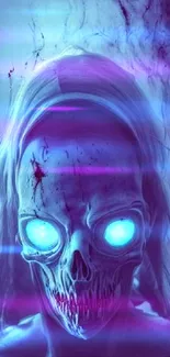 Surreal skull with glowing blue eyes on a dark background.