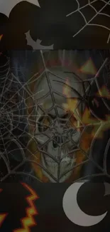 Eerie skull with spider webs on dark Halloween background.