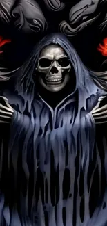 Hooded skull figure with glowing eyes, dark theme wallpaper.