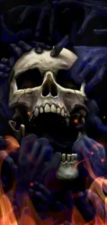 Skull surrounded by dark hands and vibrant flames in a gothic style.