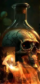 A skull inside a glass lamp with a burning candle on a dark background, perfect for Halloween.