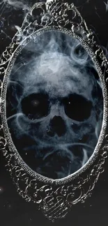 A smoky skull emerges within an ornate silver mirror.