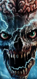 Eerie skull with lightning and glowing eyes wallpaper for mobile.