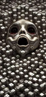 Eerie skull emerging from metallic cubes wallpaper.