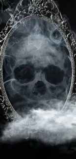 Skull mirrored in smoke with dark gothic frame.