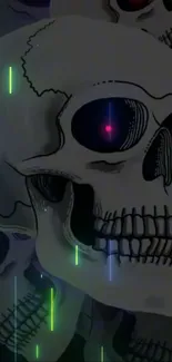 Eerie skull wallpaper with neon effects and mysterious dark theme.