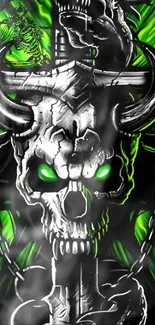 Gothic skull with green eyes and chains wallpaper.