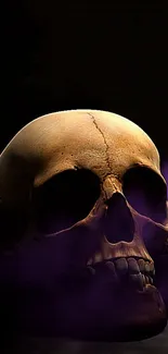 Eerie skull image with purple haze and dark tones for mobile wallpaper.