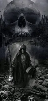 Eerie skull with reaper and gothic atmosphere mobile wallpaper.