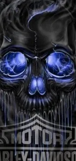 Eerie blue skull on motorcycle-themed wallpaper.