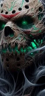 Eerie skull with neon green glowing eyes and intricate details.