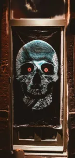 Eerie blue skull with red eyes on doorway, dark and spooky theme.