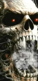 Skull with red eyes and smoke in dark, gothic wallpaper.