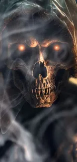 Eerie skull with glowing eyes enveloped in smoke on a dark background.