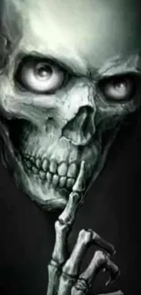 Eerie skull with silence gesture on dark background.