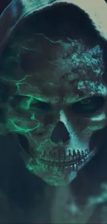 Eerie dark skull with glowing green lights in a hooded cloak.