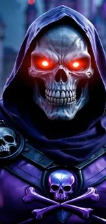 Eerie skull warrior with red eyes in purple cloak.