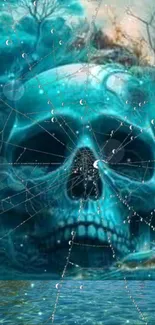 Eerie skull with web and water reflection, teal hues dominate.