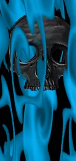 Eerie black skull with glowing blue flames on a dark background.