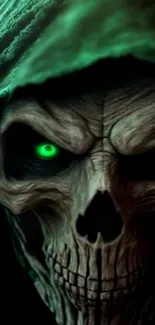 Dark hooded skull with glowing green eyes, eerie theme.