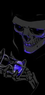 Skull holding a glowing blue hourglass on dark background.