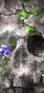 Stone skull with green vines and a purple flower.