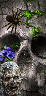 Eerie skull with spider and flowers on cracked surface.