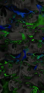 Eerie dark skulls with neon green and blue accents.