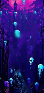 Eerie wallpaper with glowing skulls in a mystical dark forest.