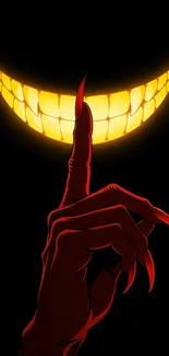 Eerie cartoon with sinister smile and hand gesture in darkness.