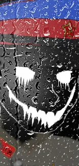 Eerie mobile wallpaper with a dark smiling face and ice-like drips.