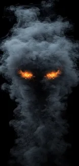 Dark smokey figure with fiery eyes on black background wallpaper.