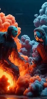 Two masked figures amidst swirling orange and blue smoke.