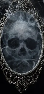 Skull formed by smoke in an ornate mirror with a dark background.