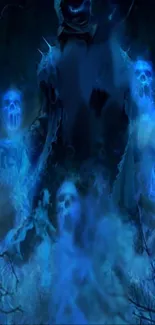 Eerie ghostly figures in blue glow.