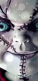 Close-up of a stitched face with piercing eyes on a horror wallpaper.