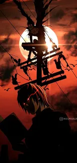 Anime silhouette reading against a dark red sky with bright moon.