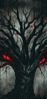 Eerie tree with glowing red eyes on dark background.