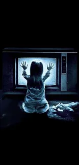 Eerie wallpaper of a child in front of a glowing TV.