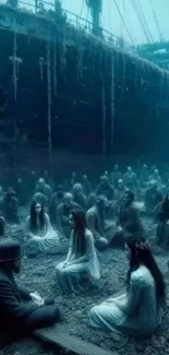 Eerie underwater scene with shipwreck and ghostly figures.