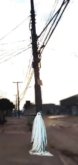 Eerie urban street with a ghostly figure under power lines.