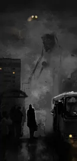 Eerie urban scene with a giant monster in the fog.