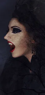 Eerie vampire woman with dark branches.