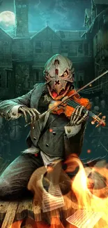 Eerie masked violinist plays in gothic setting on mobile wallpaper.