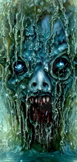 Haunting aquatic creature with eerie blue eyes emerging from water.