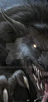 Dark werewolf-themed mobile wallpaper with sharp teeth and glowing eyes.