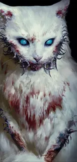 Eerie white cat with glowing blue eyes on a dark background mobile wallpaper.