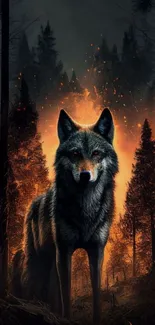 Majestic wolf amid a burning forest scene, perfect for wallpaper.