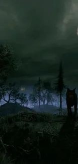 Eerie wolf stands in moonlit forest night.